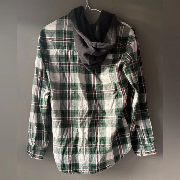 Kismet size xs Green Plaid Zip-Up Sweater Jacket gray hood fall campfire vibes - Picture 5 of 9